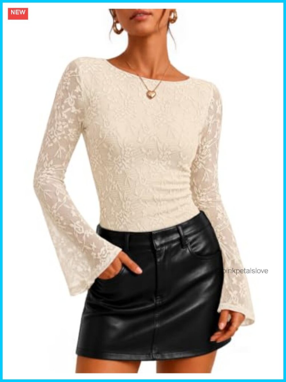 Womens Floral Lace Long Sleeve Boat Neck Blouse